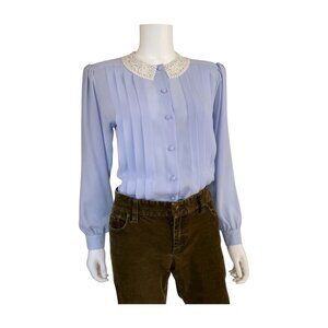 Laura & Jayne Vintage Periwinkle Pleated Blouse w Lace Collar | Size 6